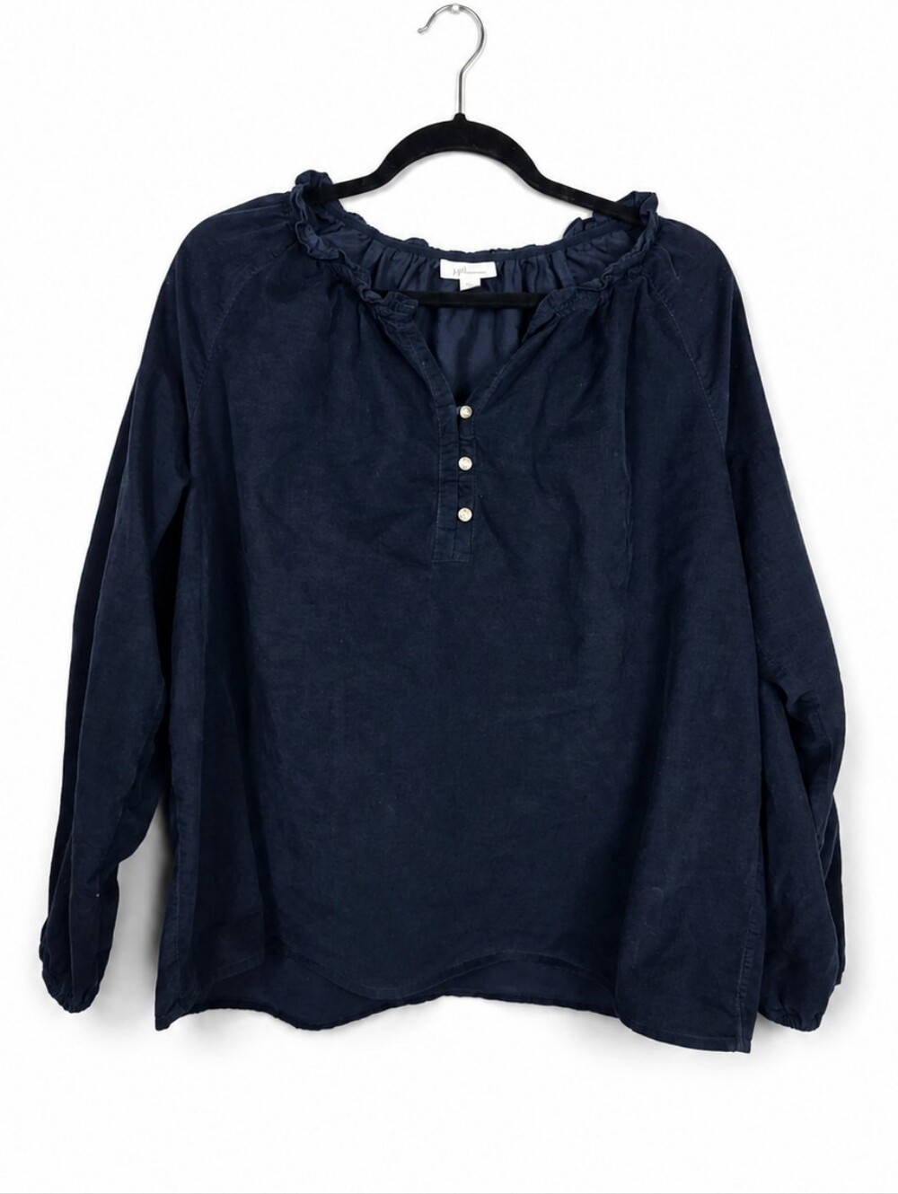 J. Jill Navy Corduroy Peasant Blouse L Cotton Lyocell Boho Cottagecore Relaxed